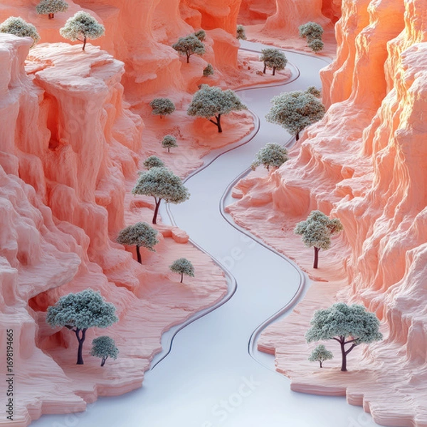 Fototapeta Surreal Canyon Landscape With Winding Path And Scattered Trees. Artistic Interpretation Of Nature'S Beauty