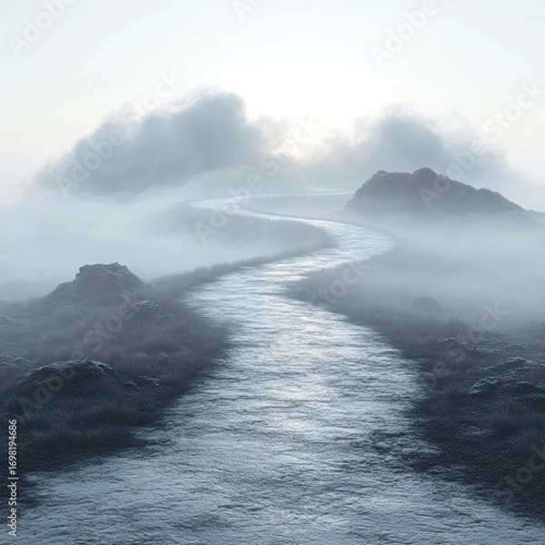 Fototapeta Winding Path Through Misty Landscape At Dawn. Journey Into The Unknown