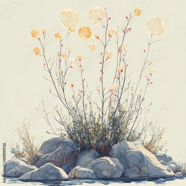 Fototapeta Bush With Glowing Orbs On Rocky Terrain. Surreal Nature Scene Blending Reality And Fantasy
