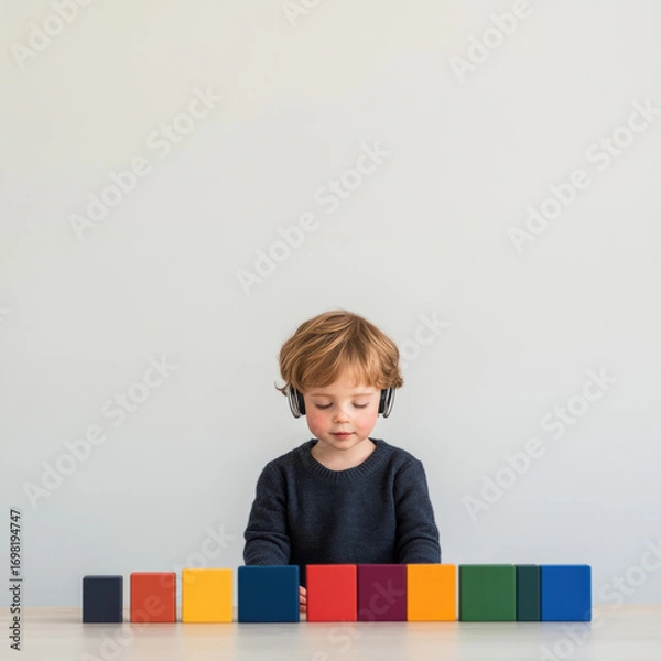 Fototapeta Child With Headphones Playing With Colorful Blocks. Early Learning And Sensory Development