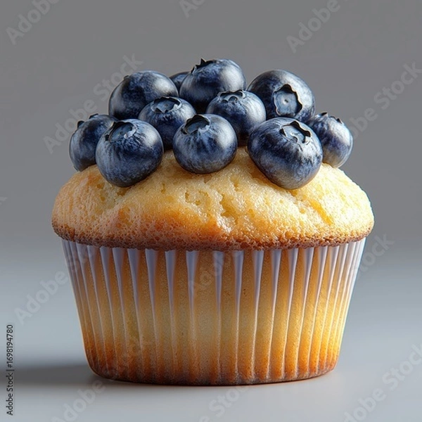 Fototapeta Blueberry-Topped Muffin On A Neutral Background. Delicious Dessert Showcasing Fresh Fruit Garnish