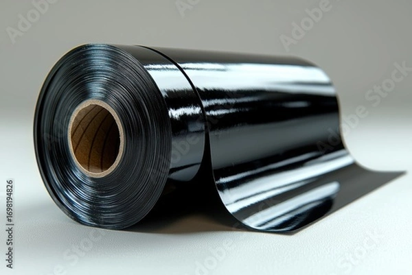 Fototapeta Roll Of Glossy Black Vinyl Film On White Surface. Material For Wrapping And Protective Applications