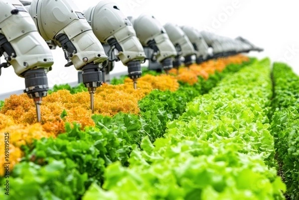 Fototapeta Robotic Arms Tending To Lettuce Crops In A High-Tech Farm. Automation In Agriculture Enhances Efficiency And Sustainability