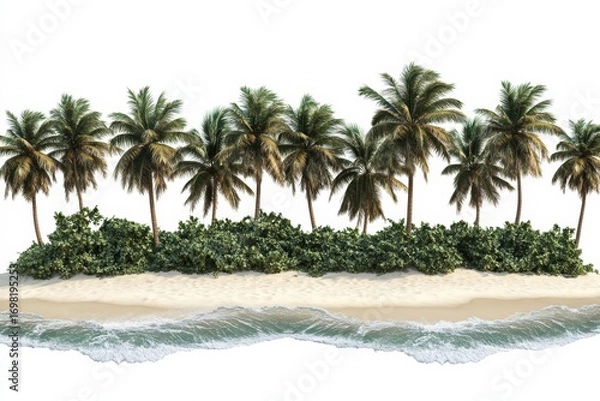 Fototapeta Tropical Beach With Palm Trees And Ocean Waves. Serene Coastal Paradise