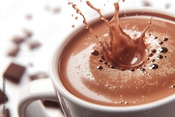 Fototapeta Cup Of Hot Chocolate With Splash Effect And Chocolate Pieces. Indulgent And Comforting Beverage Moment