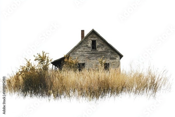 Fototapeta Abandoned Rustic House Surrounded By Tall Grass. Symbol Of Isolation And Decay