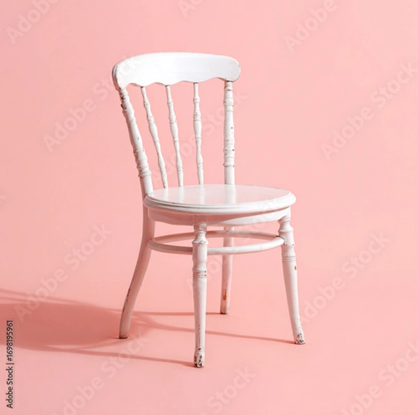 Fototapeta A pale pink background, a short white chair with a rounded seat and no backrest, featuring decorative elements.