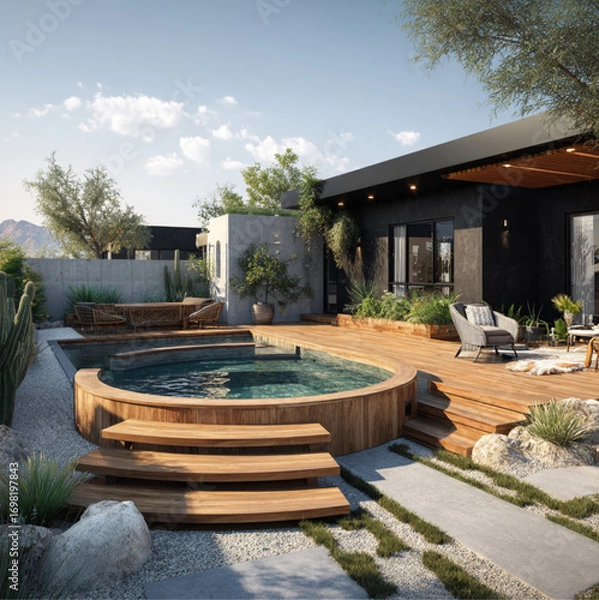 Fototapeta a desert modern rectangular backyard with black and wood accents,is a small white stucco back house with Spanish tiles, a circular cocktail pool with wooden steps up