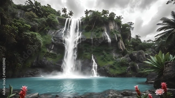 Obraz Multi-Stream Jungle Waterfall into Vibrant Turquoise Pool Under Cloudy Sky