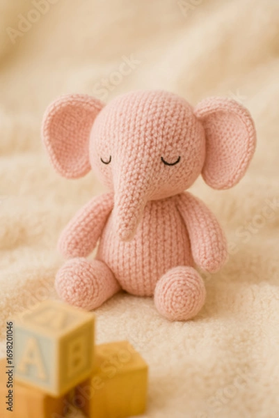 Fototapeta Charming knitted pink elephant plush toy with alphabet blocks on a soft, warm, beige background, evoking warmth and childhood nostalgia.