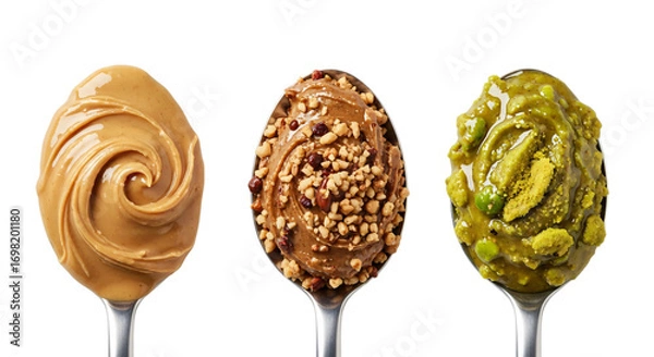 Fototapeta Three spoons with different nut butters isolated on transparent background