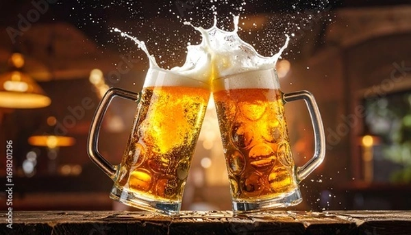 Fototapeta Toasting beers with splash.