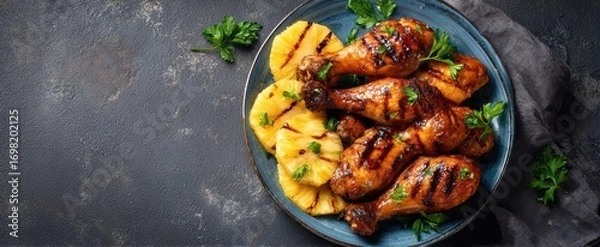 Fototapeta The grilled chicken drumsticks with charred pineapple slices and parsley on dark plate