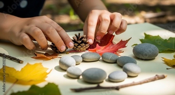 Obraz Childs Hands Creating Art with Natural Materials Outdoors.