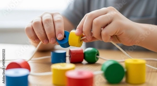 Fototapeta Childs Hands Playing with Colorful Wooden Beads.
