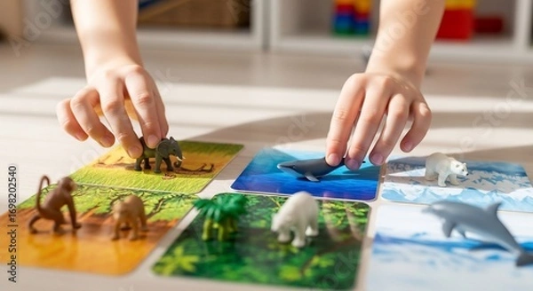 Obraz Childs Hands Playing with Animal Figurines on Habitat Mats.