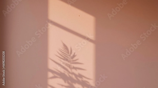 Fototapeta Shadow of fern leaves projected on pale rose-colored wall, creating minimalist and tranquil aesthetic. Serene composition emphasizes simplicity, delicate shapes, and harmonious tones.