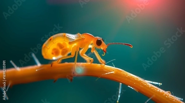 Obraz Macro Shot of Translucent Orange Beetle on Hairy Stem with Teal-Red Gradient and Dramatic Lighting