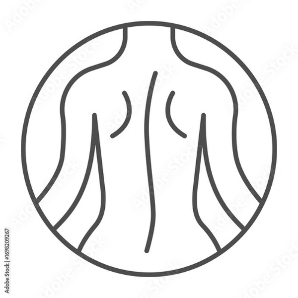 Fototapeta Back skin of woman thin line icon, spa massage concept. Vector graphics. Woman figure, skin therapy bubble sign on white background, outline style icon for mobile or web design.
