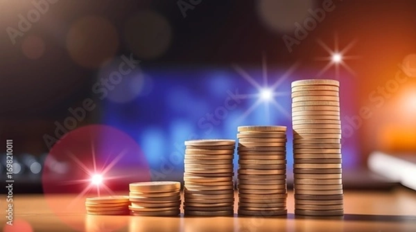 Obraz Ascending Coin Stacks with Dollar Bills on Wooden Surface – Symbolic Wealth Growth in Bokeh Lighting