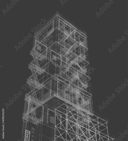 Fototapeta A 3D wireframe building model with scaffolding, intricate windows, balconies, and a staircase, set against a dark background