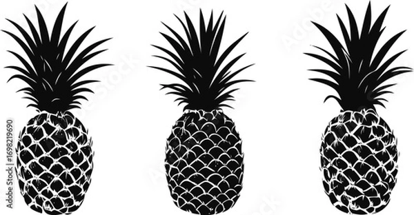 Fototapeta Pineapple vector hand drawn line art in nature, pineapple silhouettes set in bold black — stock vector