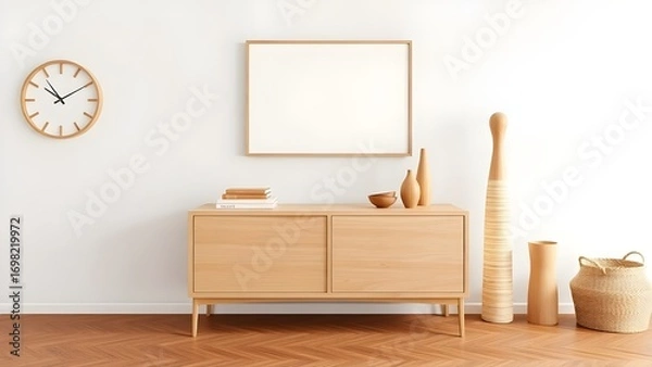 Fototapeta Rustic wooden dresser near stucco wall with blank mockup poster frame with copy space. Boho interior design of modern living room. Created with generative AI 