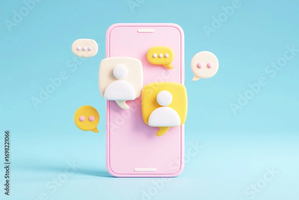 Fototapeta Pink Smartphone with Two Floating People Icons in White and Yellow.