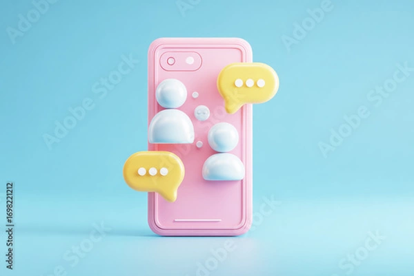 Fototapeta Pink Smartphone with Two Floating People Icons in White and Yellow.
