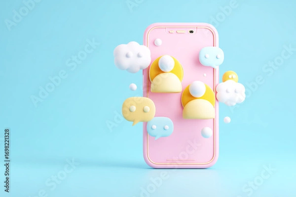 Fototapeta Pink Smartphone with Two Floating People Icons in White and Yellow.