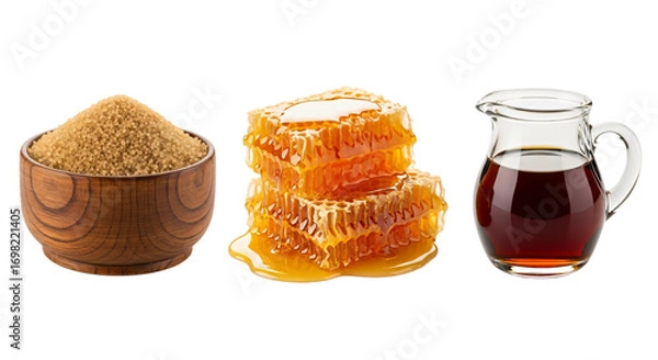 Fototapeta Brown sugar, honeycomb, and maple syrup isolated on transparent background