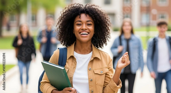 Fototapeta Happy smiling college student walking campus excited for classes education success future goals