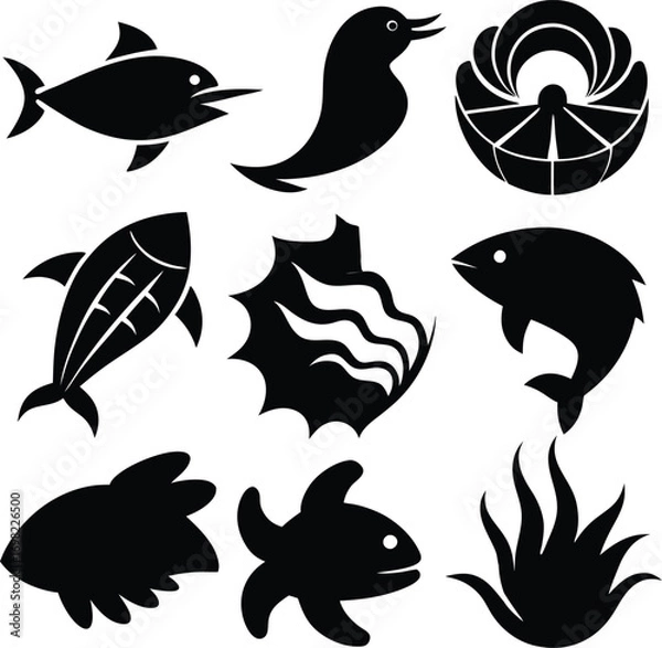 Fototapeta Assortment of Black Silhouettes of Aquatic Life and Nature Elements Keywords: fish, bird, shell, seaweed