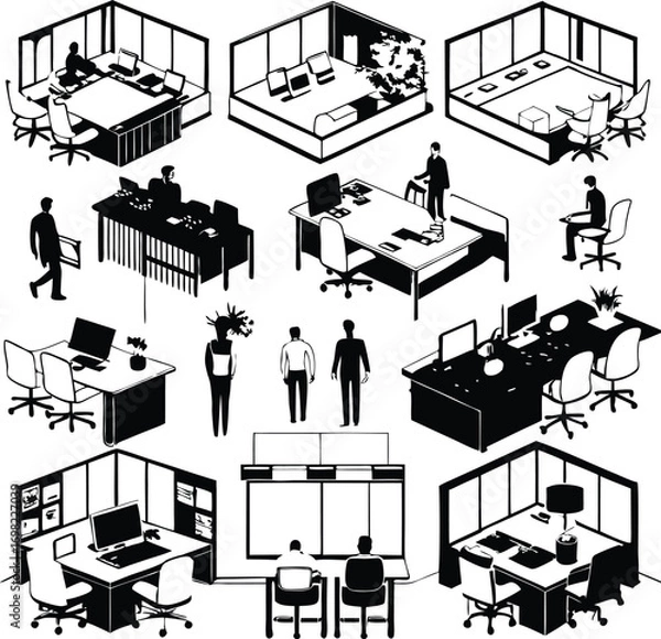 Fototapeta Isometric office spaces with people and furniture silhouettes workspace desk