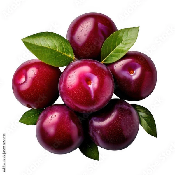 Fototapeta  pile of plums with leaves top view isolated on white or transparent