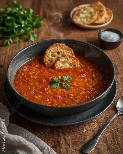 Obraz Heiße Linsen-Tomaten-Suppe wird mit knusprigen Brotchips und frischem Koriander serviert