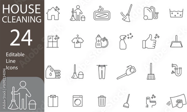 Obraz House Cleaning Editable Line Icons Set. Sponge, vacuum cleaner, containing washing, broom, soap, maid, laundry, home cleaning, and more. Pictograms and infographics, Vector illustration