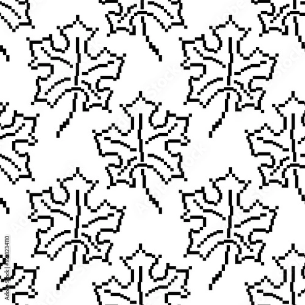 Obraz seamless pixel maple leaf pattern black and white autumn foliage background retro 8bit style fall season design digital texture wallpaper textile wrapping paper minimal pixelated illustration