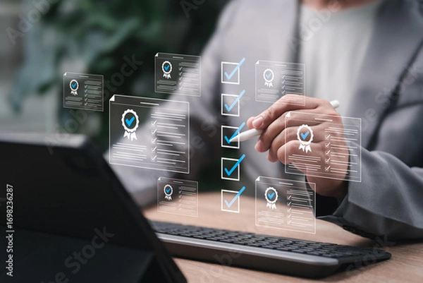 Fototapeta Certificate Verification Online Approval Concept,Businessman Checking Digital Quality Certificate Checklist,Compliance Audit, Document Authentication, Industrial Standard,Corporate Validation,Approval