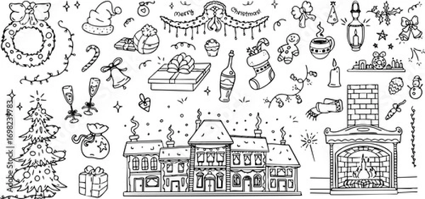 Fototapeta Christmas and New Year doodles and drawings, black outline symbols and objects of the winter holidays. Vector festive illustration graphic design element set.