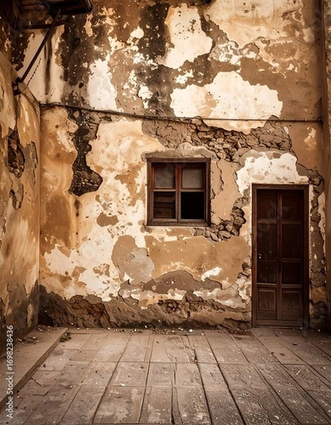 Fototapeta A weathered, aged building facade, showcasing a peeling plaster wall with a small window and door, set against a rustic wooden floor.