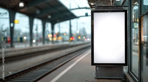 Fototapeta Blank billboard lightbox at empty train station platform with blurred tracks and city background, template for outdoor advertising, marketing and design