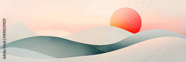 Obraz Minimalist abstract landscape with flowing hills and a rising sun. Modern graphic design background in pastel colors