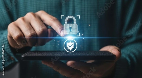 Fototapeta Hands holding a device with a digital padlock and shield security overlayed on it