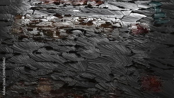 Fototapeta Close up of abstract black textured paint surface with glossy strokes