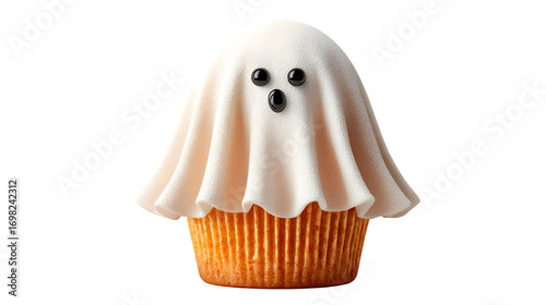 Fototapeta Realistic Halloween cupcake with ghost topper, isolated on white background