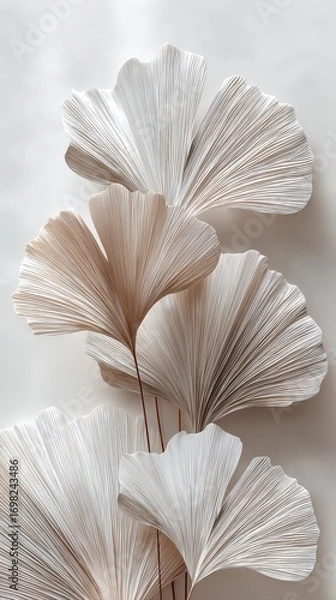 Fototapeta Elegant, fan-shaped leaves with intricate lines create a delicate and artistic composition on a neutral background.