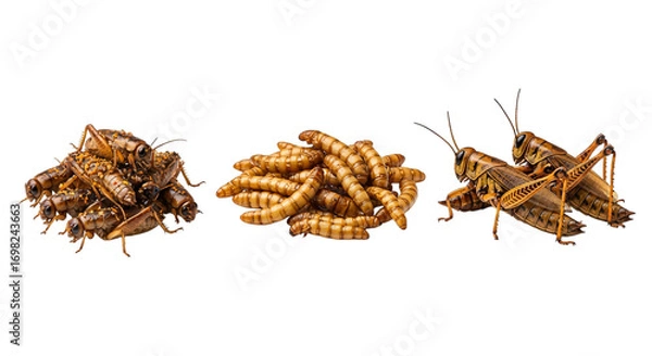 Fototapeta Three piles of edible insects isolated on transparent background