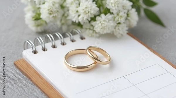 Fototapeta weekday wedding vibes Two wedding rings on a notebook surrounded by white flowers, symbolizing love and commitment.