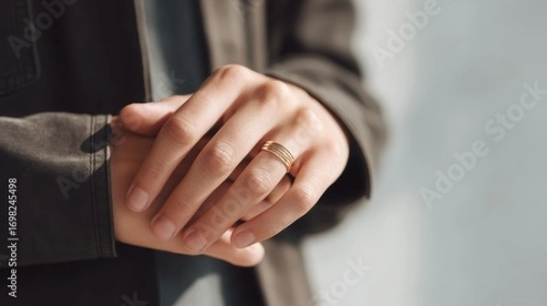 Fototapeta weekday wedding vibes Close-up of a person's hands wearing a ring, clasped together in a relaxed pose.